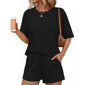 image:imageEkouaer Women 2 Piece Lounge Set 2026 Summer Cruise Outfits Ribbed Loose Short Sleeve Matching Sets with pocketBlack