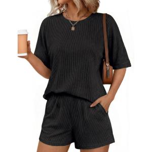 image:imageEkouaer Women 2 Piece Lounge Set 2026 Summer Cruise Outfits Ribbed Loose Short Sleeve Matching Sets with pocketDark Gray