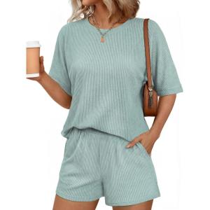 image:imageEkouaer Women 2 Piece Lounge Set 2026 Summer Cruise Outfits Ribbed Loose Short Sleeve Matching Sets with pocketGlacial Green