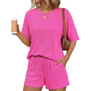 image:imageEkouaer Women 2 Piece Lounge Set 2026 Summer Cruise Outfits Ribbed Loose Short Sleeve Matching Sets with pocketHot Pink