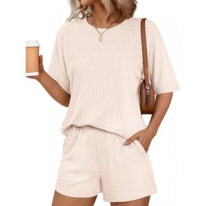 image:imageEkouaer Women 2 Piece Lounge Set 2026 Summer Cruise Outfits Ribbed Loose Short Sleeve Matching Sets with pocketLight Khaki