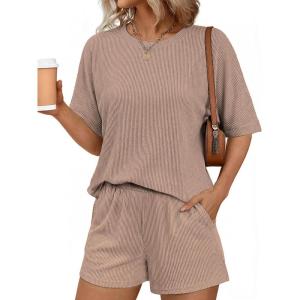 image:imageEkouaer Women 2 Piece Lounge Set 2026 Summer Cruise Outfits Ribbed Loose Short Sleeve Matching Sets with pocketRosy Brown