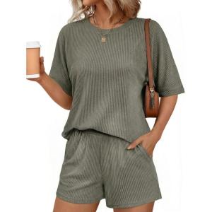 image:imageEkouaer Women 2 Piece Lounge Set 2026 Summer Cruise Outfits Ribbed Loose Short Sleeve Matching Sets with pocketTaupe Gray