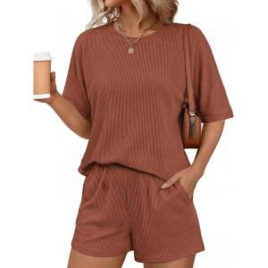 image:imageEkouaer Women 2 Piece Lounge Set 2026 Summer Cruise Outfits Ribbed Loose Short Sleeve Matching Sets with pocketTerracotta