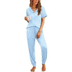 image:imageEkouaer Women Pajama Set Short Sleeve Button Down Pjs Soft Comfy Sleepwear Nightwear with Jogger PantsBlue Stripe Bow