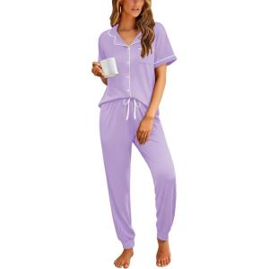 image:imageEkouaer Women Pajama Set Short Sleeve Button Down Pjs Soft Comfy Sleepwear Nightwear with Jogger PantsLight Purple