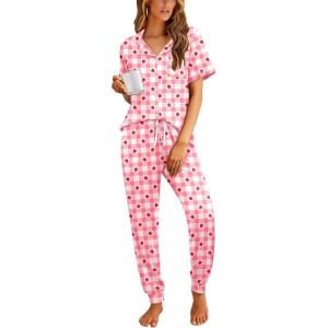 image:imageEkouaer Women Pajama Set Short Sleeve Button Down Pjs Soft Comfy Sleepwear Nightwear with Jogger PantsPink Plaid