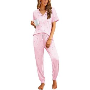 image:imageEkouaer Women Pajama Set Short Sleeve Button Down Pjs Soft Comfy Sleepwear Nightwear with Jogger PantsPink Stripe Bow