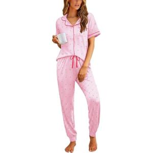 image:imageEkouaer Women Pajama Set Short Sleeve Button Down Pjs Soft Comfy Sleepwear Nightwear with Jogger PantsPink Stripe Heart