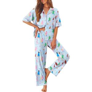 image:imageEkouaer Women Pajamas Set Button Down Sleepwear Short Sleeve Pjs Soft Comfy Nightwear with Long Pants SXXLCity Walk