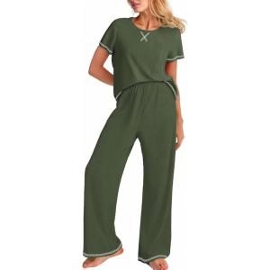 image:imageEkouaer Women Soft Pant Sets Short Sleeve Top and Long Pants Pjs 2 Piece Lightweight Pajama Sets with PocketsArmy Green