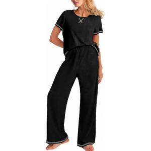 image:imageEkouaer Women Soft Pant Sets Short Sleeve Top and Long Pants Pjs 2 Piece Lightweight Pajama Sets with PocketsBlack