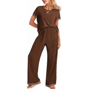 image:imageEkouaer Women Soft Pant Sets Short Sleeve Top and Long Pants Pjs 2 Piece Lightweight Pajama Sets with PocketsBrown