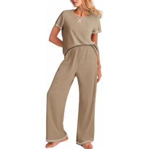 image:imageEkouaer Women Soft Pant Sets Short Sleeve Top and Long Pants Pjs 2 Piece Lightweight Pajama Sets with PocketsKhaki