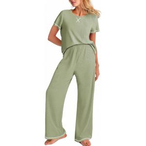 image:imageEkouaer Women Soft Pant Sets Short Sleeve Top and Long Pants Pjs 2 Piece Lightweight Pajama Sets with PocketsLight Green