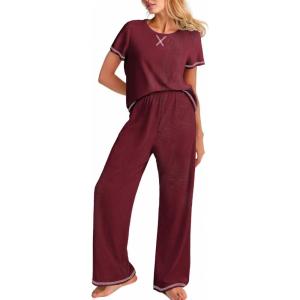 image:imageEkouaer Women Soft Pant Sets Short Sleeve Top and Long Pants Pjs 2 Piece Lightweight Pajama Sets with PocketsWine Red