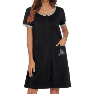 image:imageEkouaer Women Zipper Front House Coat Short Sleeves Robe Zip Up Bathrobes Short Nightgown with Pockets S3XLBlack