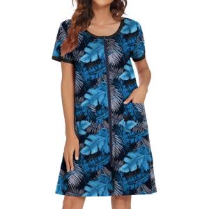 image:imageEkouaer Women Zipper Front House Coat Short Sleeves Robe Zip Up Bathrobes Short Nightgown with Pockets S3XLBlue Leaf