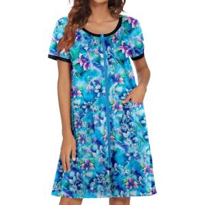 image:imageEkouaer Women Zipper Front House Coat Short Sleeves Robe Zip Up Bathrobes Short Nightgown with Pockets S3XLDark Blue Floral