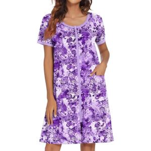 image:imageEkouaer Women Zipper Front House Coat Short Sleeves Robe Zip Up Bathrobes Short Nightgown with Pockets S3XLFloral Purple