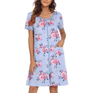 image:imageEkouaer Women Zipper Front House Coat Short Sleeves Robe Zip Up Bathrobes Short Nightgown with Pockets S3XLHibiscus Floral