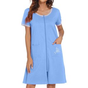 image:imageEkouaer Women Zipper Front House Coat Short Sleeves Robe Zip Up Bathrobes Short Nightgown with Pockets S3XLLight Sky Blue