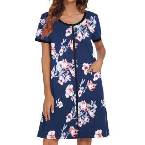 image:imageEkouaer Women Zipper Front House Coat Short Sleeves Robe Zip Up Bathrobes Short Nightgown with Pockets S3XLNavy Blue Floral
