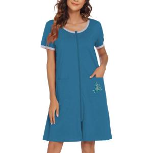 image:imageEkouaer Women Zipper Front House Coat Short Sleeves Robe Zip Up Bathrobes Short Nightgown with Pockets S3XLPeacock Blue