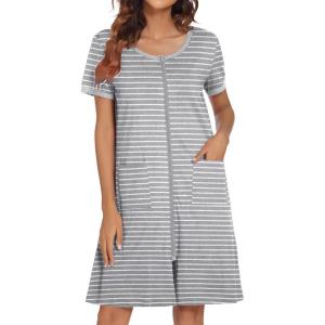 image:imageEkouaer Women Zipper Front House Coat Short Sleeves Robe Zip Up Bathrobes Short Nightgown with Pockets S3XLStriped Print
