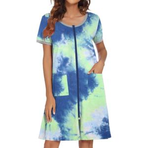 image:imageEkouaer Women Zipper Front House Coat Short Sleeves Robe Zip Up Bathrobes Short Nightgown with Pockets S3XLTie Dye Blue