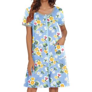 image:imageEkouaer Women Zipper Front House Coat Short Sleeves Robe Zip Up Bathrobes Short Nightgown with Pockets S3XLYellow Floral