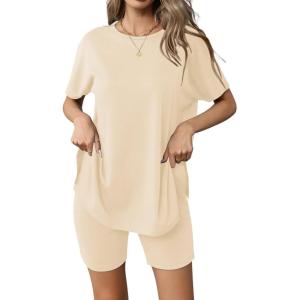 image:imageEkouaer Womens 2 Piece Lounge Set 2026 Summer Biker Shorts Set Outfits Short Sleeve Oversized Top Matching TracksuitApricot
