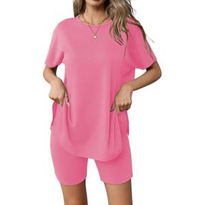 image:imageEkouaer Womens 2 Piece Lounge Set 2026 Summer Biker Shorts Set Outfits Short Sleeve Oversized Top Matching TracksuitHot Pink