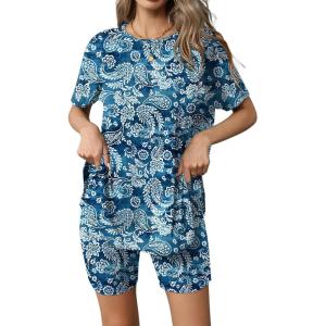 image:imageEkouaer Womens 2 Piece Lounge Set 2026 Summer Biker Shorts Set Outfits Short Sleeve Oversized Top Matching TracksuitTiedye Blue Cashew Flower