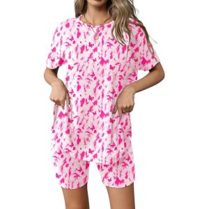image:imageEkouaer Womens 2 Piece Lounge Set 2026 Summer Biker Shorts Set Outfits Short Sleeve Oversized Top Matching TracksuitTiedye Pink Butterfly