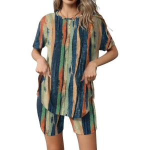 image:imageEkouaer Womens 2 Piece Lounge Set 2026 Summer Biker Shorts Set Outfits Short Sleeve Oversized Top Matching TracksuitTiedye Stripe