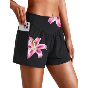 image:imageEkouaer Womens 3 Board Shorts High Waisted Swim Shorts Swimsuit Bottoms Beach Shorts with Pockets S2XLBlack With Lily Flower