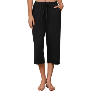 image:imageEkouaer Womens Capri Pajama Pants 2026 Wide Leg Lounge Sleep Pants Soft Comfy Drawstring Pj Bottoms with PocketsBlack