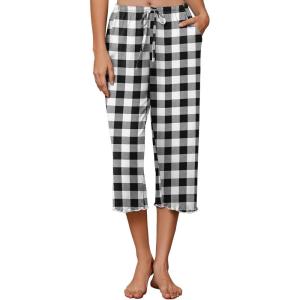 image:imageEkouaer Womens Capri Pajama Pants 2026 Wide Leg Lounge Sleep Pants Soft Comfy Drawstring Pj Bottoms with PocketsCheckered