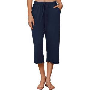 image:imageEkouaer Womens Capri Pajama Pants 2026 Wide Leg Lounge Sleep Pants Soft Comfy Drawstring Pj Bottoms with PocketsNavy Blue
