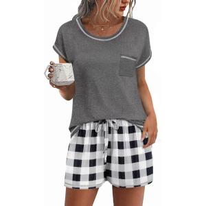 image:imageEkouaer Womens Pajama Sets 2 Piece Soft Short Sleeve Top and Shorts Sleepwear Round Neck Pjs Lounge Set with PocketsBlack and White Plaid