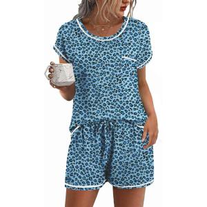 image:imageEkouaer Womens Pajama Sets 2 Piece Soft Short Sleeve Top and Shorts Sleepwear Round Neck Pjs Lounge Set with PocketsBlue Black Leopard