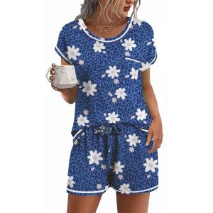 image:imageEkouaer Womens Pajama Sets 2 Piece Soft Short Sleeve Top and Shorts Sleepwear Round Neck Pjs Lounge Set with PocketsBlue Flowers