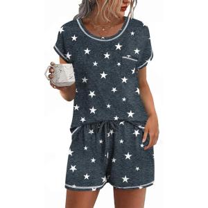 image:imageEkouaer Womens Pajama Sets 2 Piece Soft Short Sleeve Top and Shorts Sleepwear Round Neck Pjs Lounge Set with PocketsDeep Grey Stars