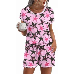 image:imageEkouaer Womens Pajama Sets 2 Piece Soft Short Sleeve Top and Shorts Sleepwear Round Neck Pjs Lounge Set with PocketsFivepointed Stars