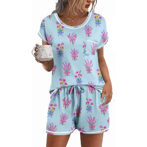 image:imageEkouaer Womens Pajama Sets 2 Piece Soft Short Sleeve Top and Shorts Sleepwear Round Neck Pjs Lounge Set with PocketsLavender Bouquet