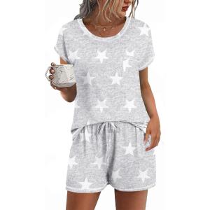 image:imageEkouaer Womens Pajama Sets 2 Piece Soft Short Sleeve Top and Shorts Sleepwear Round Neck Pjs Lounge Set with PocketsLight Grey Stars