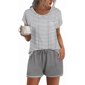image:imageEkouaer Womens Pajama Sets 2 Piece Soft Short Sleeve Top and Shorts Sleepwear Round Neck Pjs Lounge Set with PocketsLight Grey Stripes