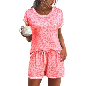 image:imageEkouaer Womens Pajama Sets 2 Piece Soft Short Sleeve Top and Shorts Sleepwear Round Neck Pjs Lounge Set with PocketsLight Pink Leopard