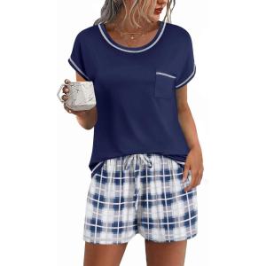 image:imageEkouaer Womens Pajama Sets 2 Piece Soft Short Sleeve Top and Shorts Sleepwear Round Neck Pjs Lounge Set with PocketsNavy Blue and White Plaid